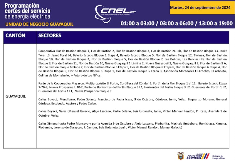 Horario de cortes de luz para este martes 24 de septiembre en Guayaquil.