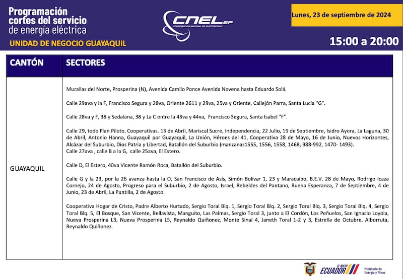 Así quedan los horarios de cortes de luz para Guayaquil