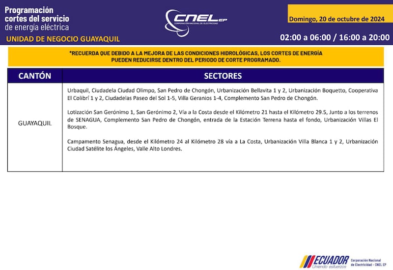 Guayaquil: horarios de cortes de luz para este sábado 19 y domingo 20 de octubre. Imagen: CNEL