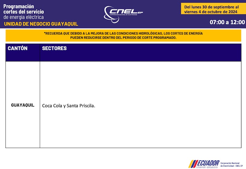 Cortes de luz en Guayaquil hasta el 4 de octubre