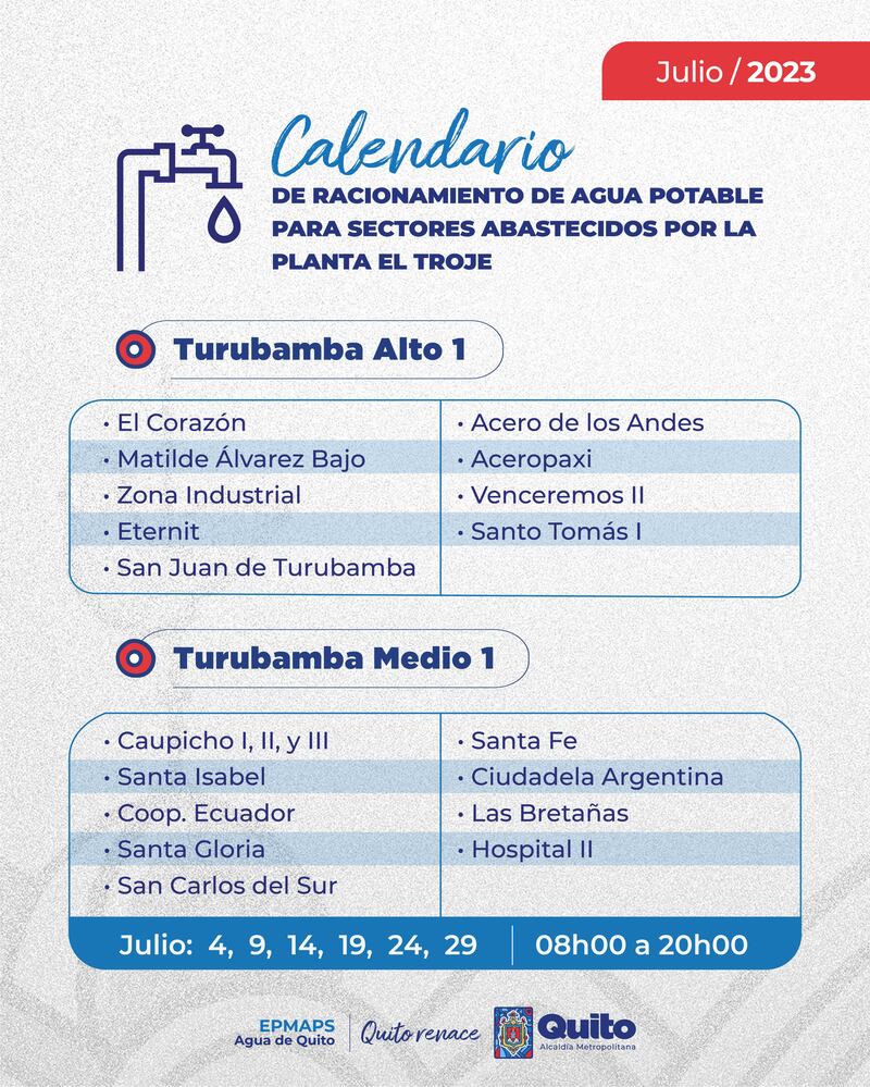 Calendario de racionamiento de agua potable para julio en el sector de Turubamba