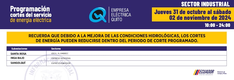 Quito: horarios de cortes de luz del 28 de octubre al 3 de noviembre. Imagen: EEQ