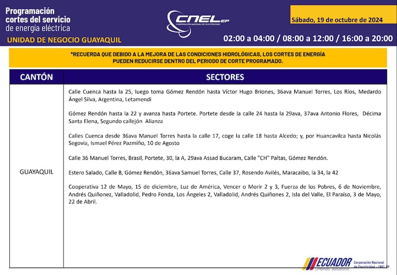 Guayaquil: horarios de cortes de luz para este sábado 19 y domingo 20 de octubre. Imagen: CNEL