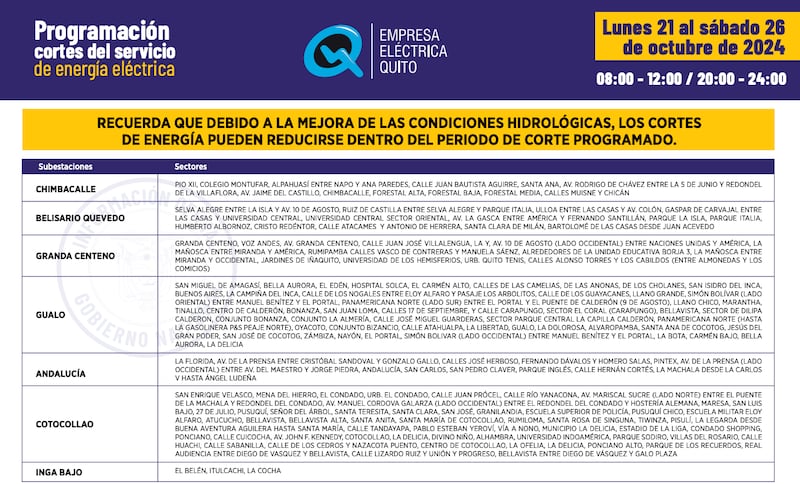 Horarios de corte de luz en Quito hasta el 26 de octubre