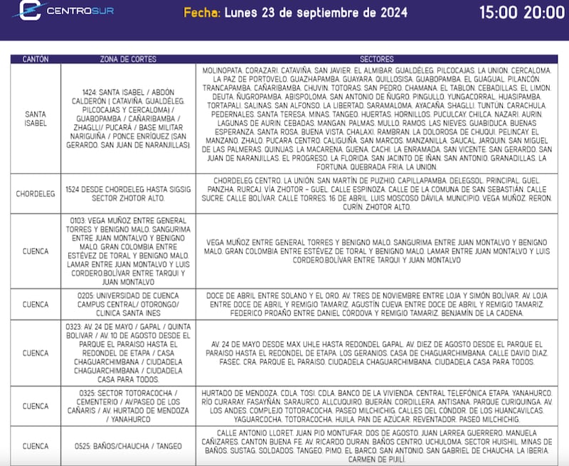 Cuenca: horarios de cortes de luz para este lunes 23 de septiembre.