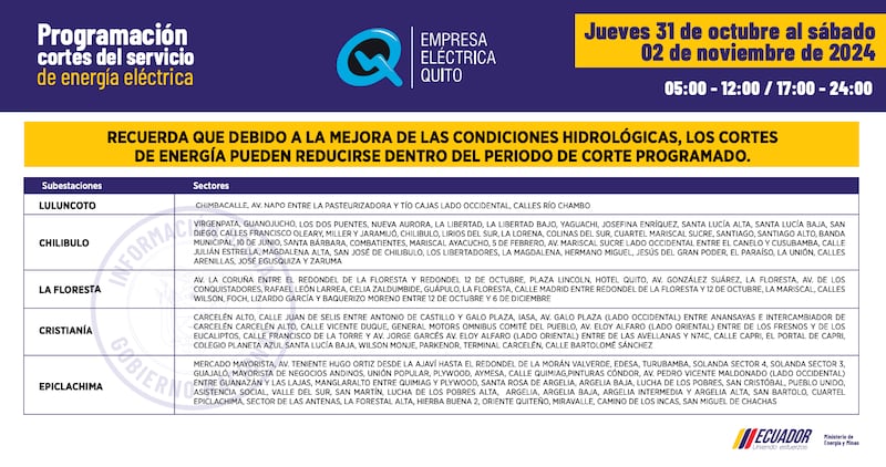 Quito: horarios de cortes de luz del 28 de octubre al 3 de noviembre. Imagen: EEQ