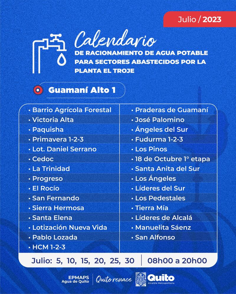 Calendario de racionamiento de agua potable para julio en el sector de Guamaní