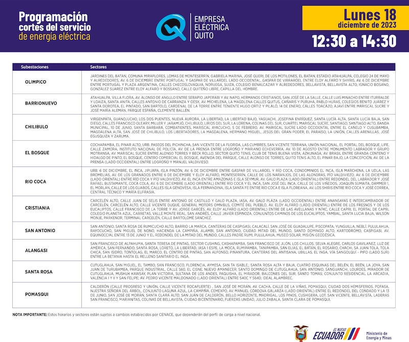 Cronograma de cortes de luz para este lunes 18 de diciembre en Quito.