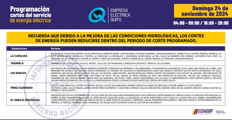 Cortes de luz en Quito del domingo 24 de noviembre