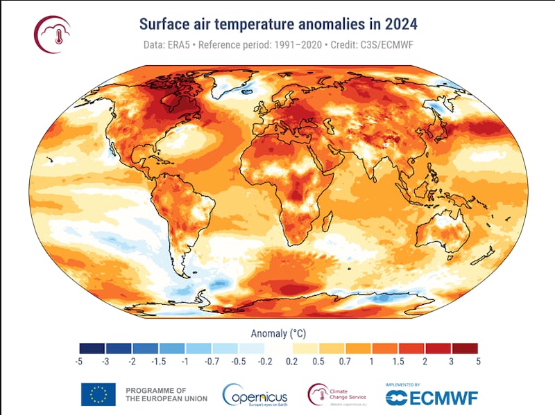 Anomalías de la temperatura del aire en la superficie para 2024 en relación con el promedio del período de referencia 1991-2020.