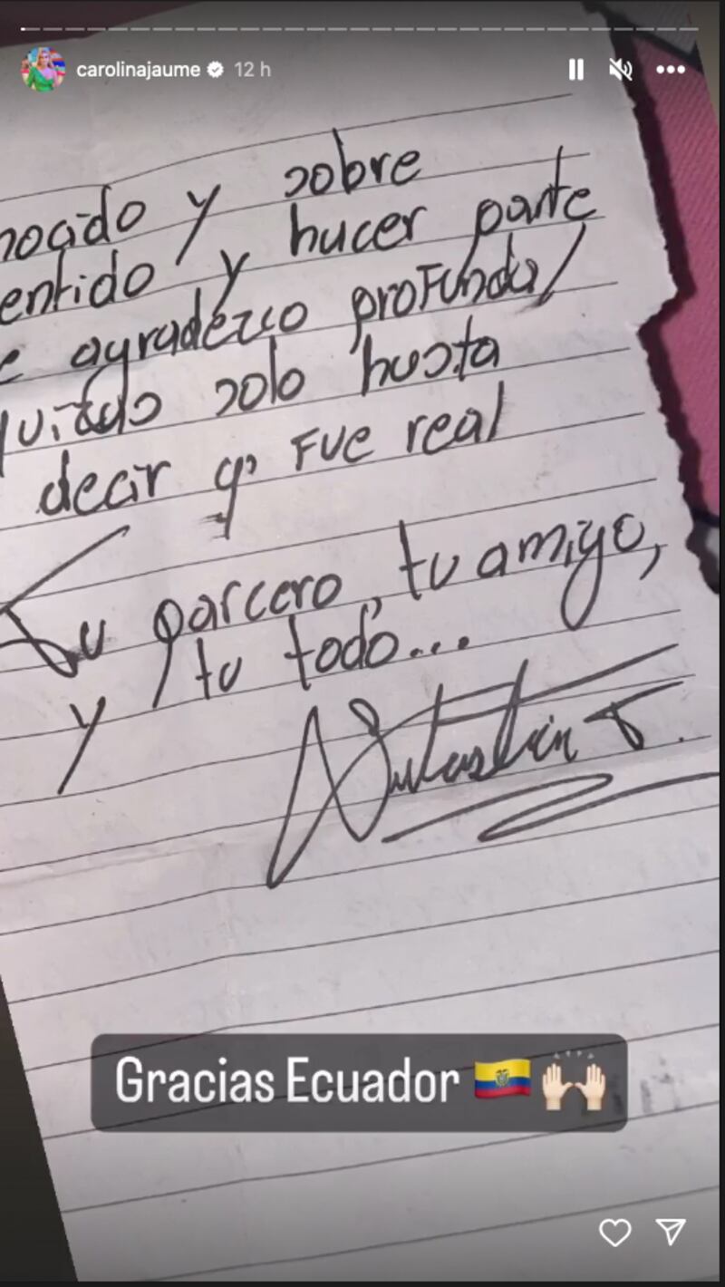 La carta de Sebastián Tamayo a Carolina Jaume