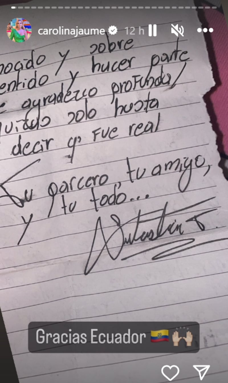 Carta de Sebastián Tamayo para Carolina Jaume