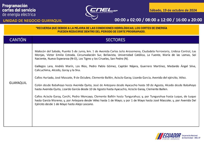 Guayaquil: horarios de cortes de luz para este sábado 19 y domingo 20 de octubre. Imagen: CNEL