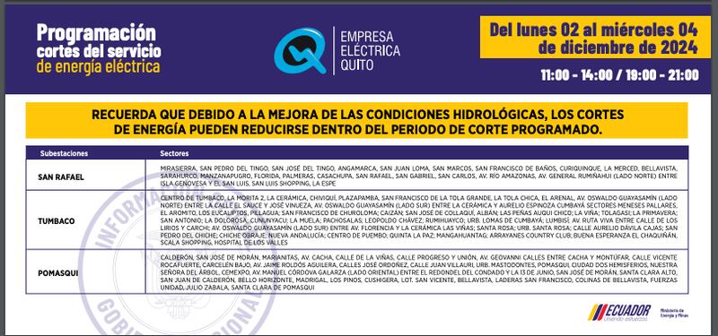 Los barrios de Quito que no tendrán luz en las noches durante las fiestas