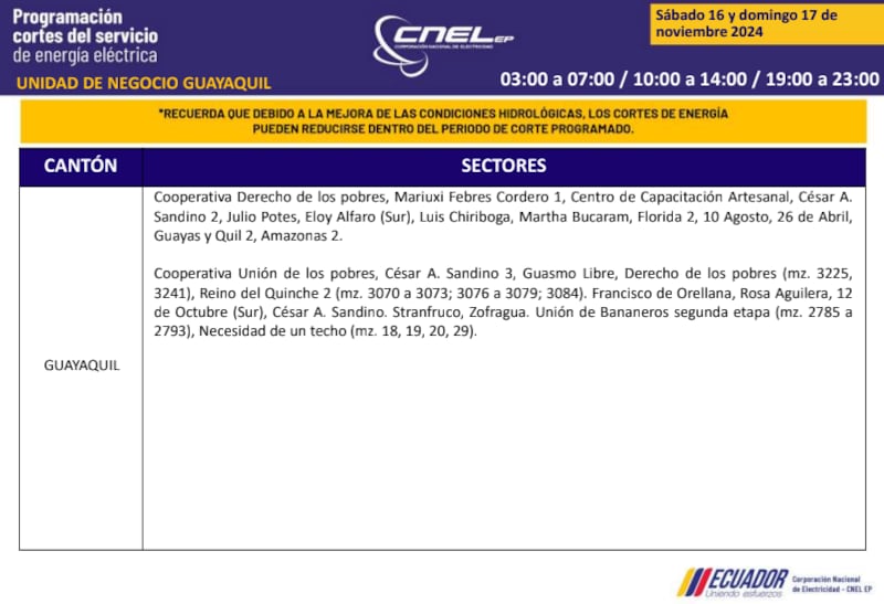 Guayaquil: horarios de cortes de luz de este domingo 17 de noviembre. Imagen: CNEL