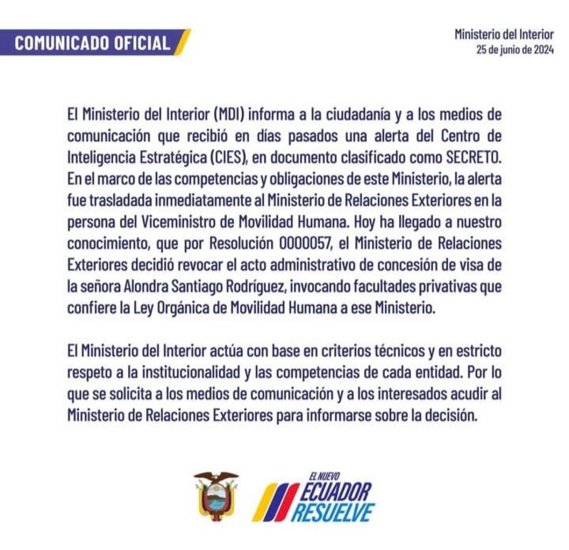 Comunicado del Ministerio del Interior