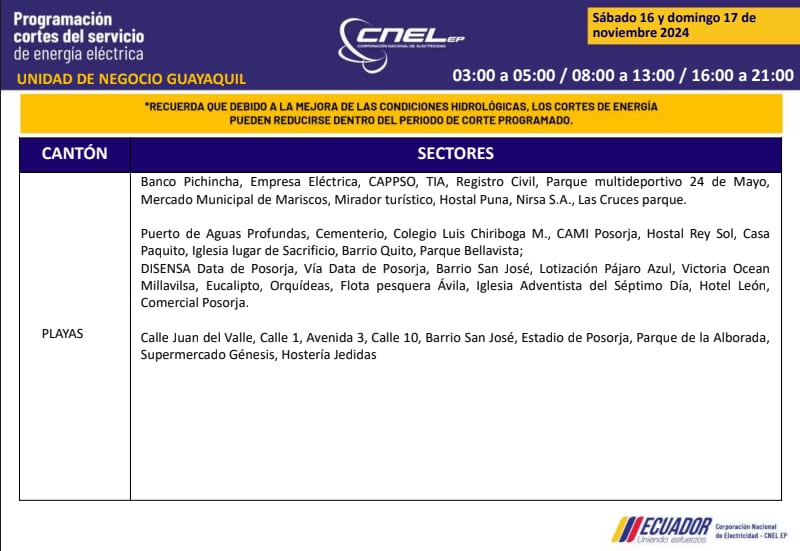 Guayaquil: horarios de cortes de luz de este domingo 17 de noviembre. Imagen: CNEL