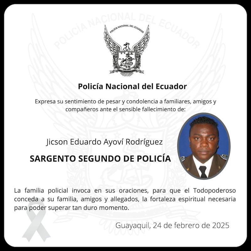 Condolencias de la Policía Nacional por el fallecimiento del SgoS. Jicson Eduardo Ayoví Rodríguez.