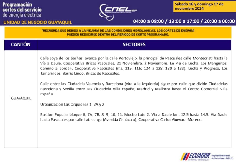 Guayaquil: horarios de cortes de luz de este domingo 17 de noviembre. Imagen: CNEL