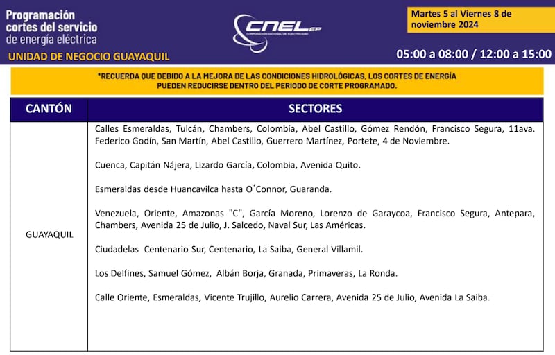 Cortes de luz en Guayaquil hasta el 8 de noviembre