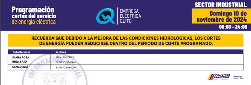 Horarios de cortes de luz para este domingo 10 de noviembre en Quito.