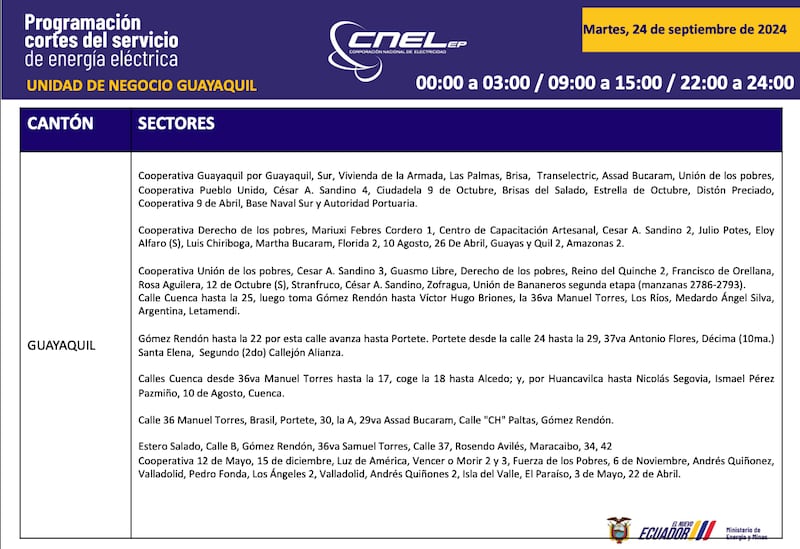 Horario de cortes de luz para este martes 24 de septiembre en Guayaquil.