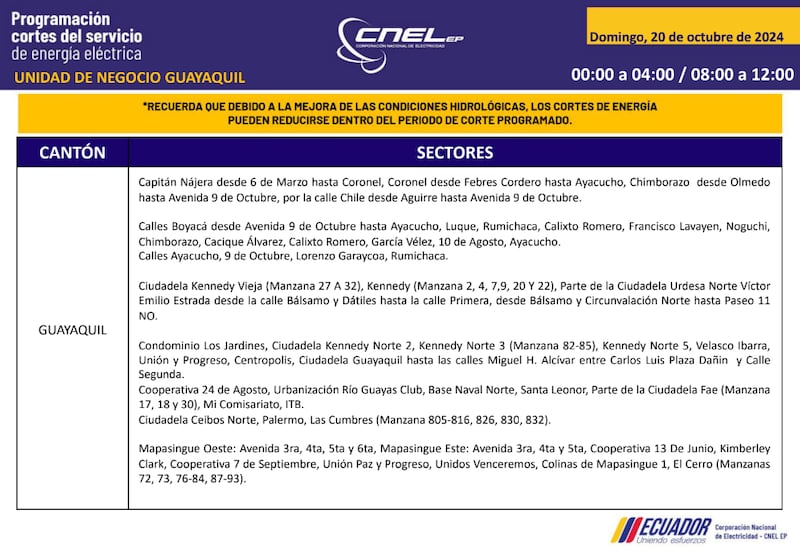 Guayaquil: horarios de cortes de luz para este sábado 19 y domingo 20 de octubre. Imagen: CNEL