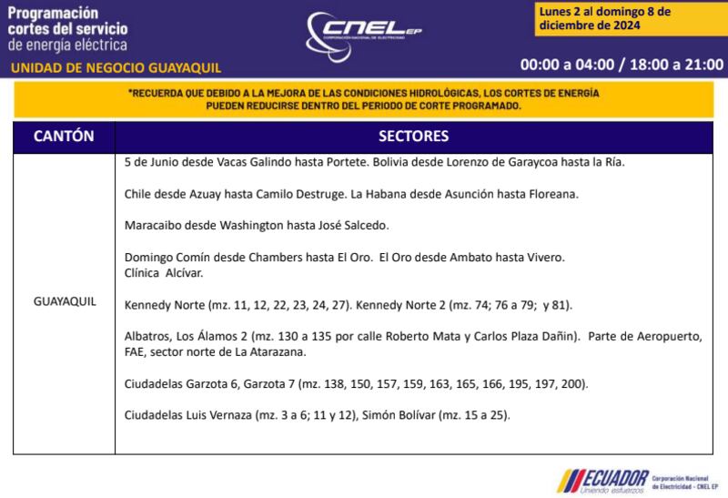 Guayaquil: revise los horarios de cortes de luz del 2 al 8 de diciembre. Imagen: CNEL