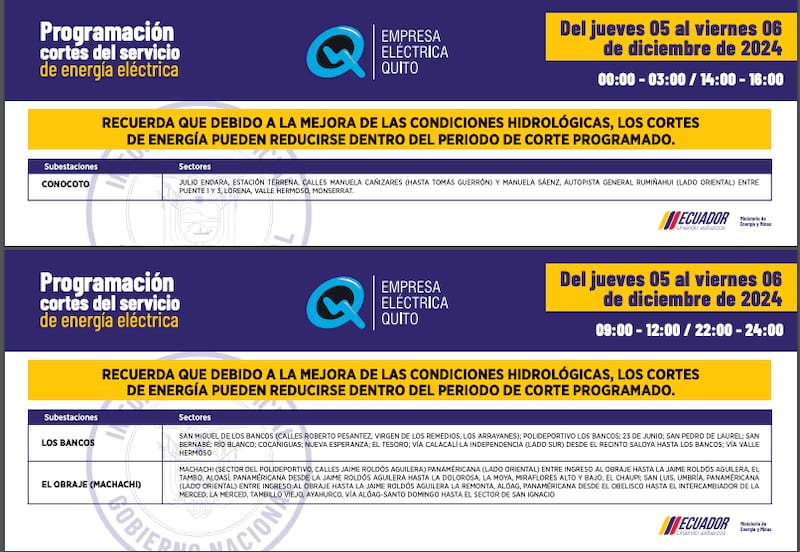 Los sectores de Quito que no tendrán luz el 05 y 06 de diciembre