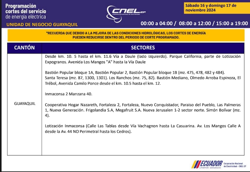 Guayaquil: horarios de cortes de luz de este domingo 17 de noviembre. Imagen: CNEL