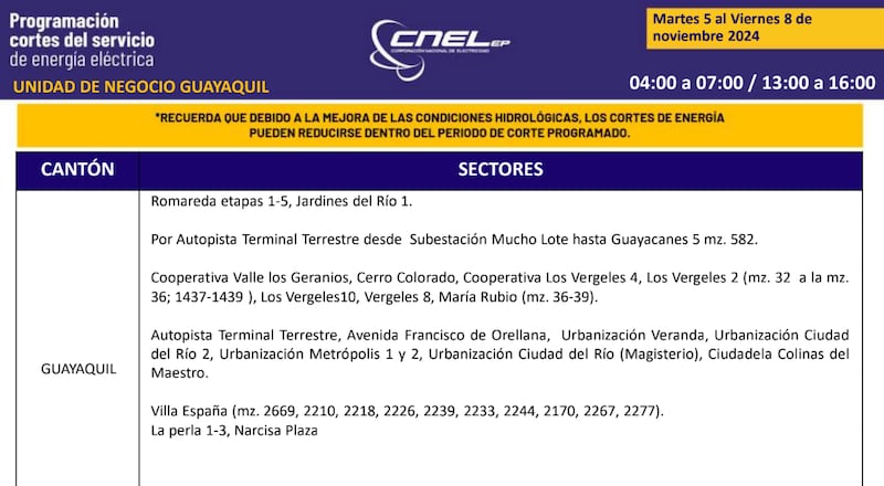 Cortes de luz en Guayaquil hasta el 8 de noviembre