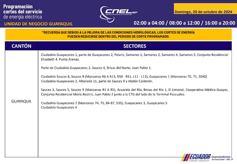 Guayaquil: horarios de cortes de luz para este sábado 19 y domingo 20 de octubre. Imagen: CNEL