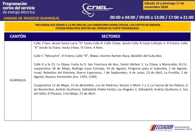 Guayaquil: horarios de cortes de luz de este domingo 17 de noviembre. Imagen: CNEL