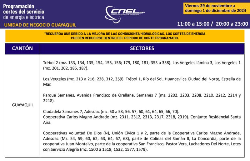 Cortes de luz en Guayaquil hasta el 1 de diciembre