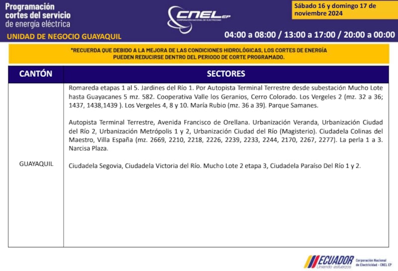 Guayaquil: horarios de cortes de luz de este domingo 17 de noviembre. Imagen: CNEL