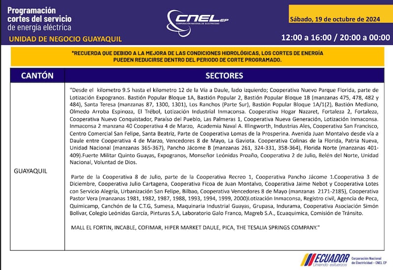 Guayaquil: horarios de cortes de luz para este sábado 19 y domingo 20 de octubre. Imagen: CNEL