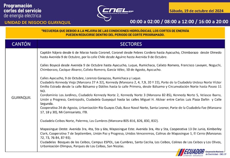 Guayaquil: horarios de cortes de luz para este sábado 19 y domingo 20 de octubre. Imagen: CNEL