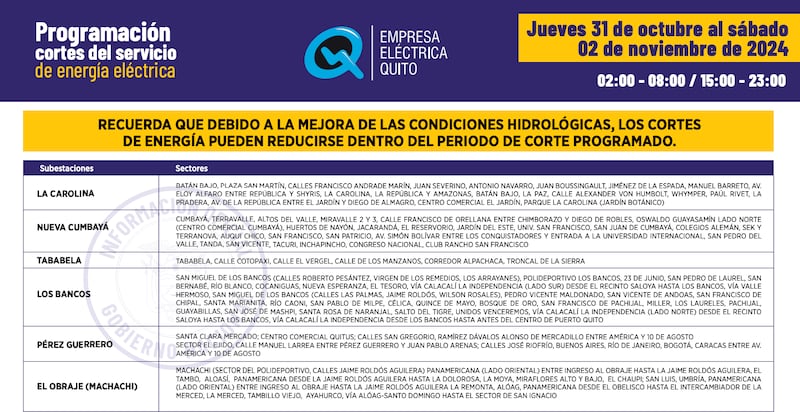 Cortes de luz del 31 de octubre al 2 de noviembre en Quito