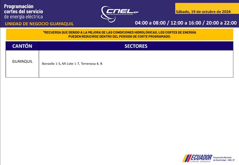 Guayaquil: horarios de cortes de luz para este sábado 19 y domingo 20 de octubre. Imagen: CNEL