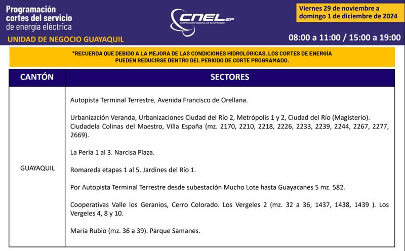 Cortes de luz en Guayaquil hasta el 1 de diciembre