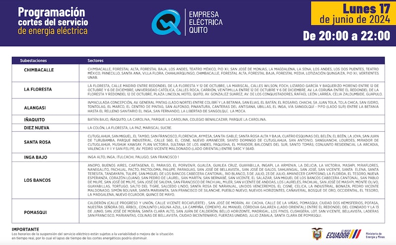 Quito: horarios y sectores donde habrá cortes de luz hasta las 22h00 este lunes 17 de junio