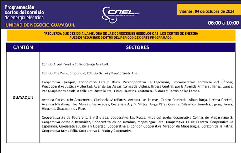 Cortes de luz en Guayaquil el 4 de octubre