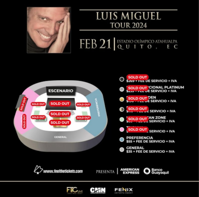 Entradas agotadas para el concierto de Luis Miguel en Quito hasta la mañana del 29 de agosto