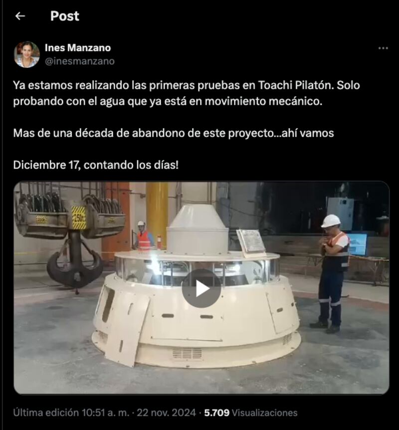 Tuit de Inés Manzano sobre Toachi Pilatón