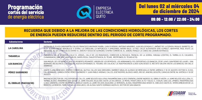 Cortes de luz en Quito del lunes 2 al miércoles 4 de diciembre