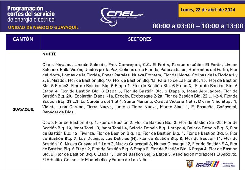Cortes de luz en Guayaquil este 22 de abril