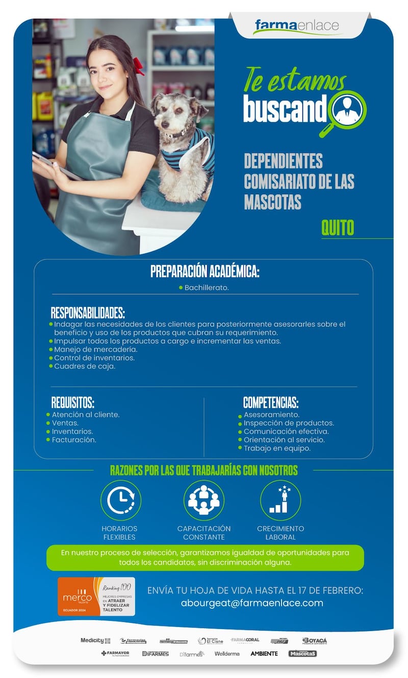 Vacantes de trabajo en Farmaenlace en Quito