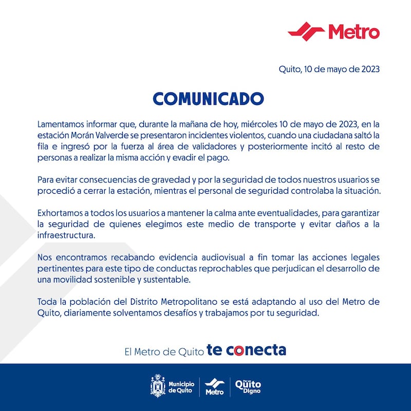 Comunicado Metro de Quito