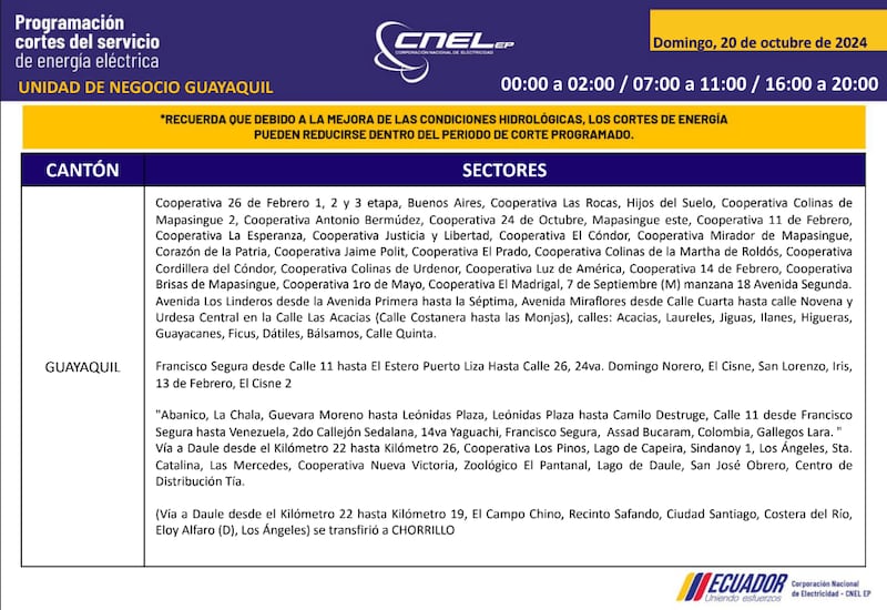 Guayaquil: horarios de cortes de luz para este sábado 19 y domingo 20 de octubre. Imagen: CNEL