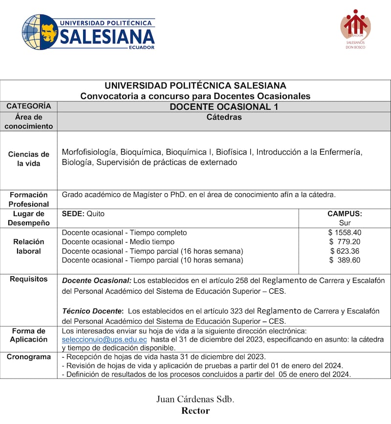 Convocatoria a concurso para Docentes Ocasionales de la Universidad Politécnica Salesiana